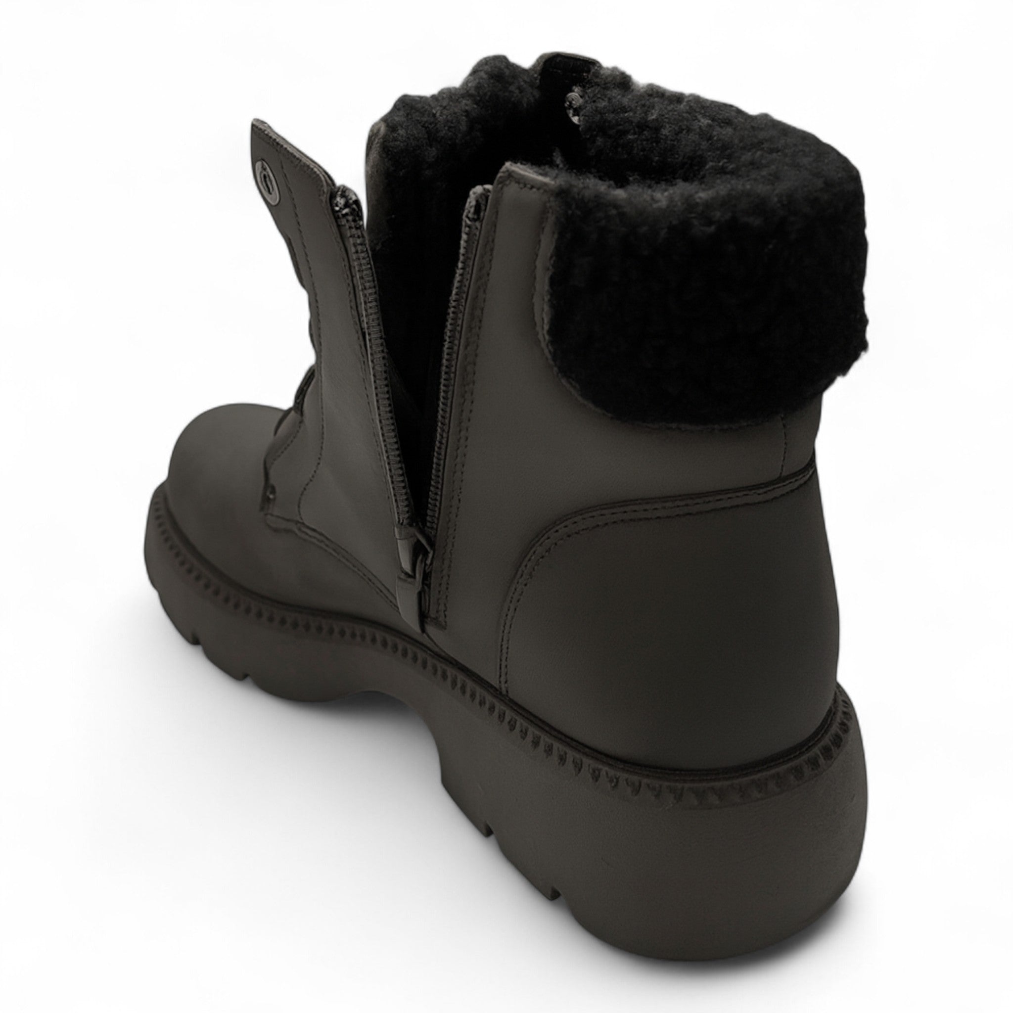 Ladies Dark Grey fleece-lined ankle boots with side zip and warm faux fur collar – stylish winter boots for women.
